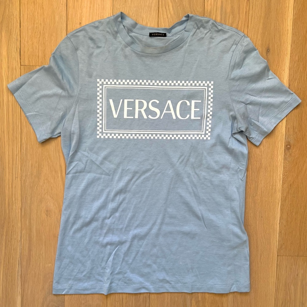 Versace Retro Checkered Print Blue Graphic Logo T-Shirt 38